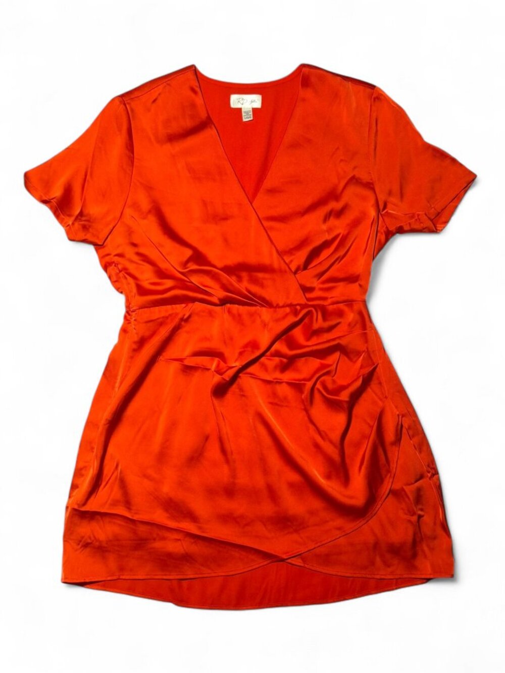RD Style Orange Satin Wrap Dress Short Sleeve Mini V-Neck Size Large